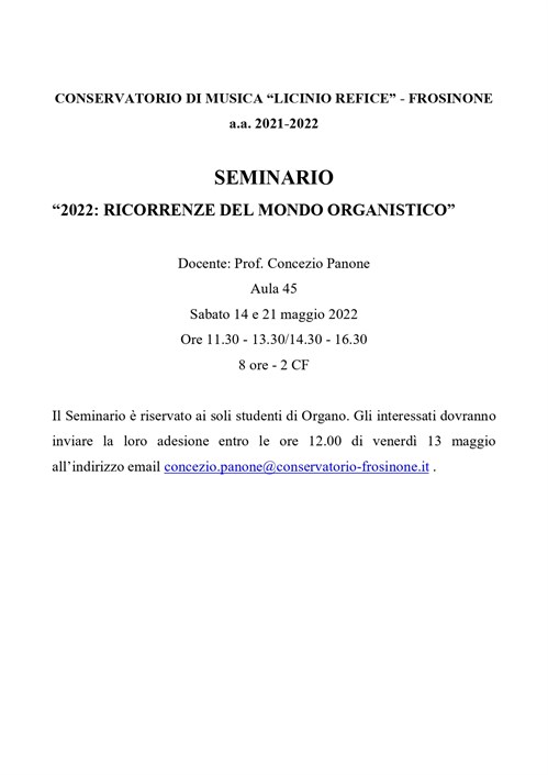 Seminario “2022: RICORRENZE DEL MONDO ORGANISTI"