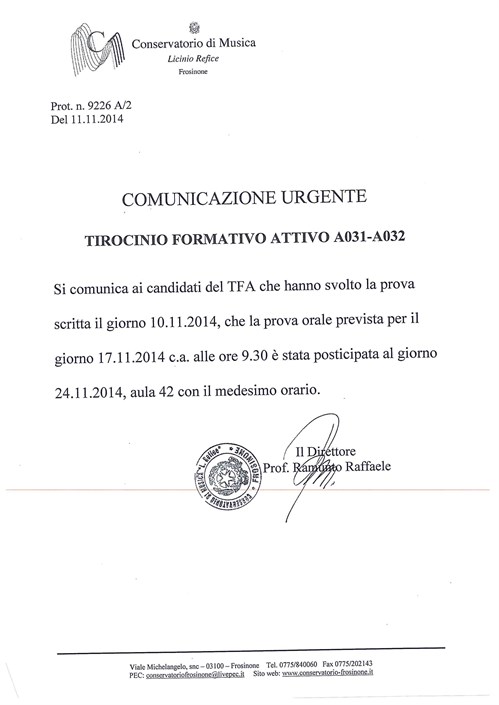 Comunicazione Urgente TFA A031-A032