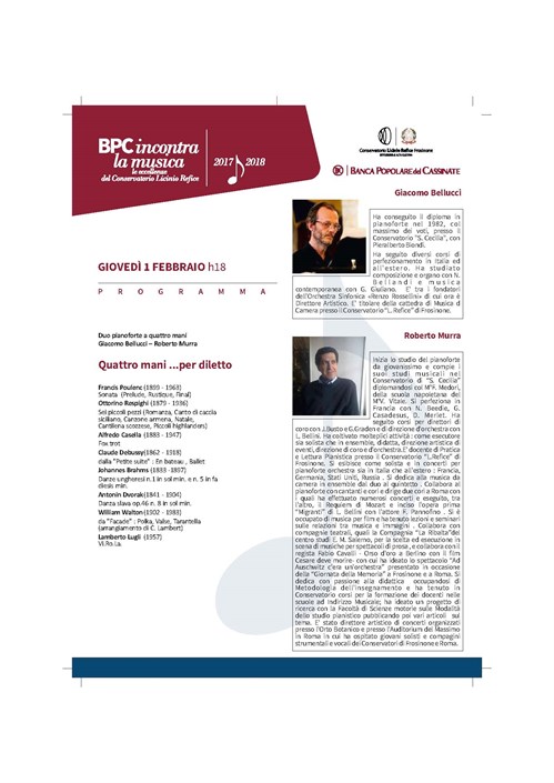 BPC Incontra Conservatorio  "Quattro mani... per diletto" G.Bellucci-R.Murra 01-02-2018