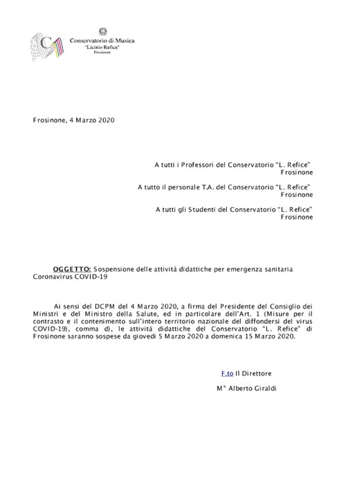 Sospensione attività didattica per emergenza sanitaria Coronavirus COVID-19