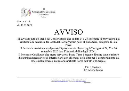 Avviso per Sanificazione AERAULICA sala Paris e Piano Terra